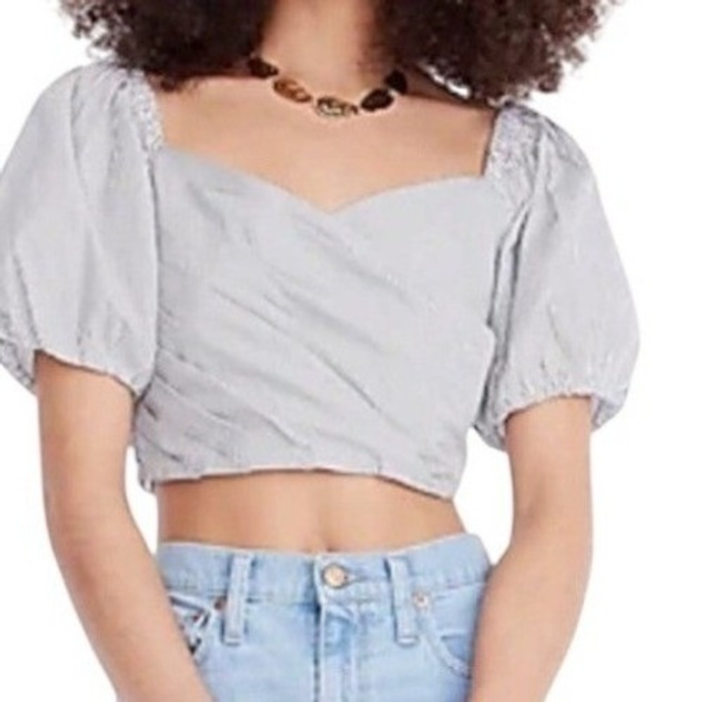 J.Crew Striped Puff Sleeve Smocked Wrap Crop Top Womens S Organic Cotton Blue